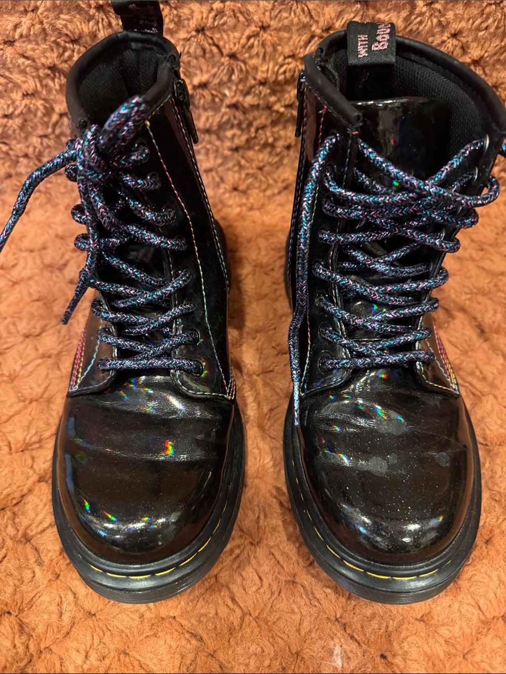 Black Holographic Doc Martin Combat Boots with Multicolor Laces